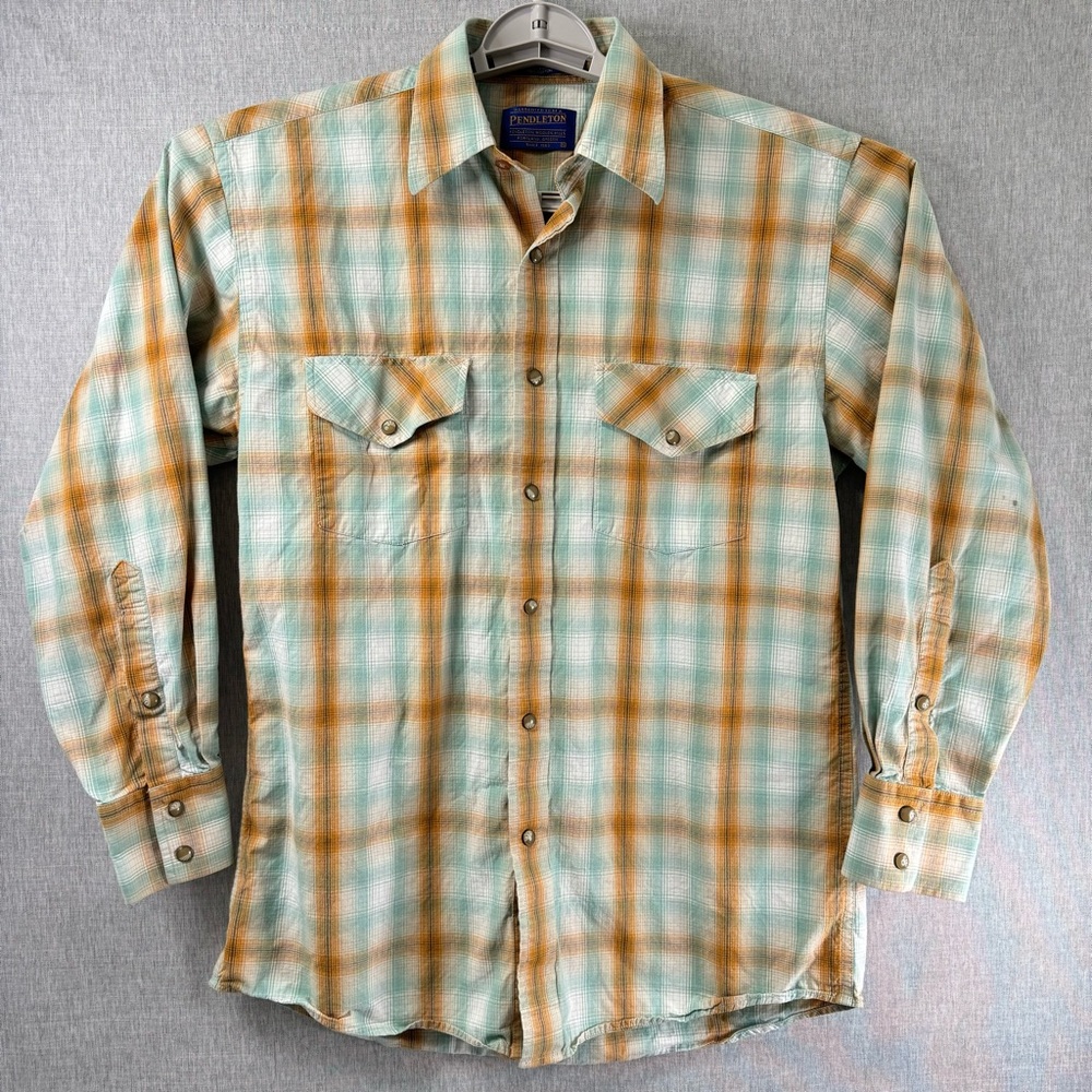 Men’s Small Vintage 90s Pendleton Plaid Teal & Orange Rancher Long Sleeve Shirt